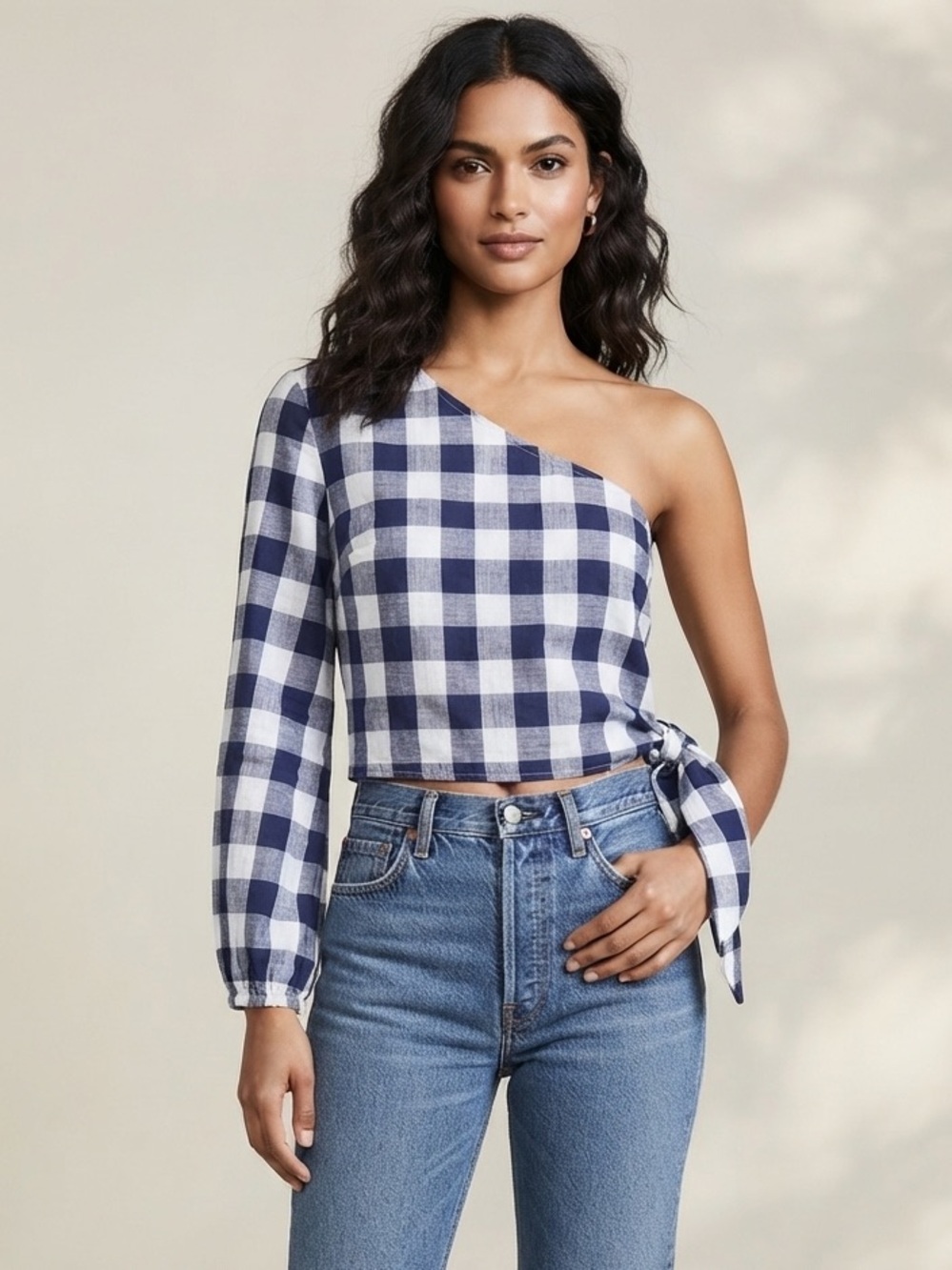 L'Academie Navy and White Gingham One-Shoulder Tie-Waist Top